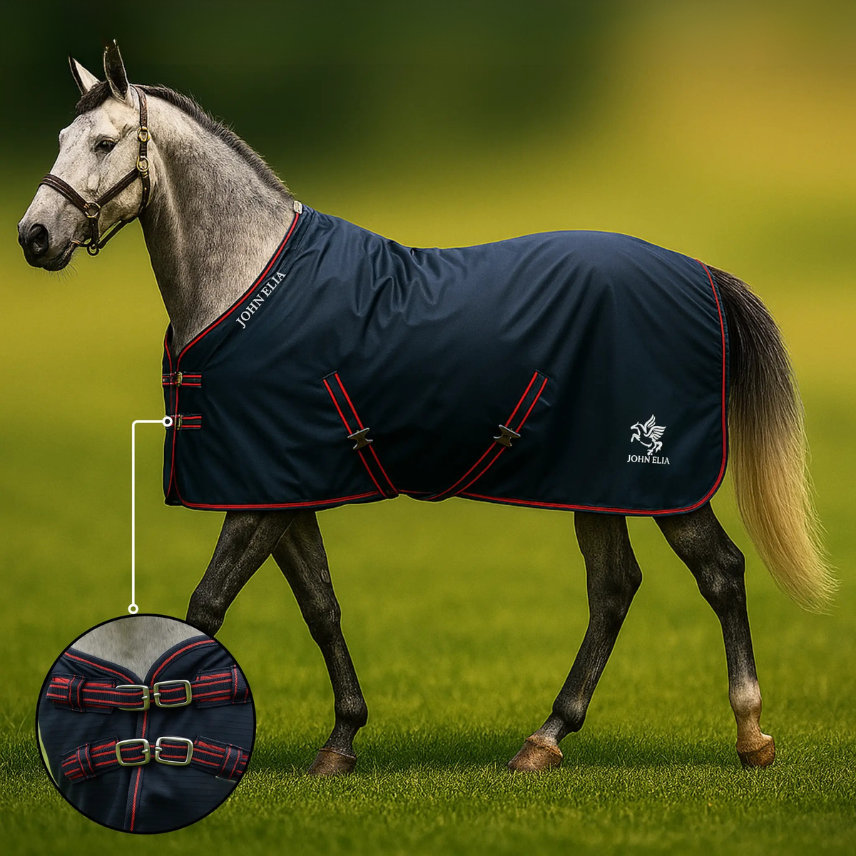 John Elia waterproof 1200D turnout rug featuring adjustable twin chest fastenings, navy blue with red trim outdoor horse rug.