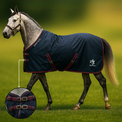 John Elia waterproof 1200D turnout rug featuring adjustable twin chest fastenings, navy blue with red trim outdoor horse rug.